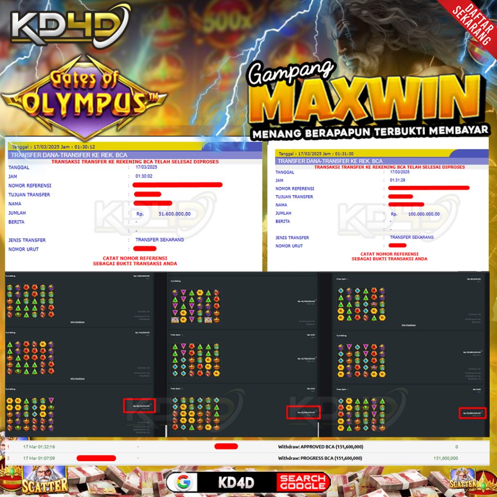 Bukti Jackpot KD4D 17 Maret 2025 Di Game Gates Of Olympus WD 151 Juta